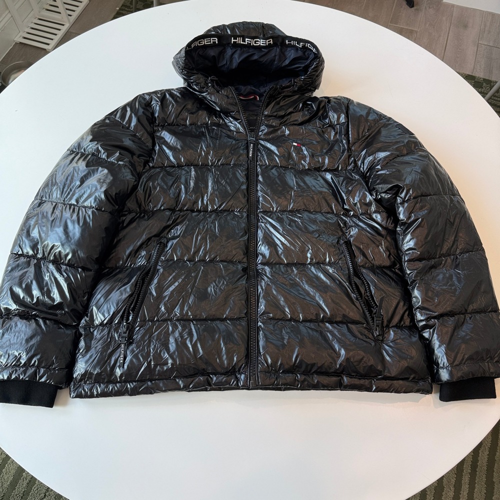 Tommy Hilfiger Pearlized Performance Hooded Puffer Jacket Black Nylon Mens XL